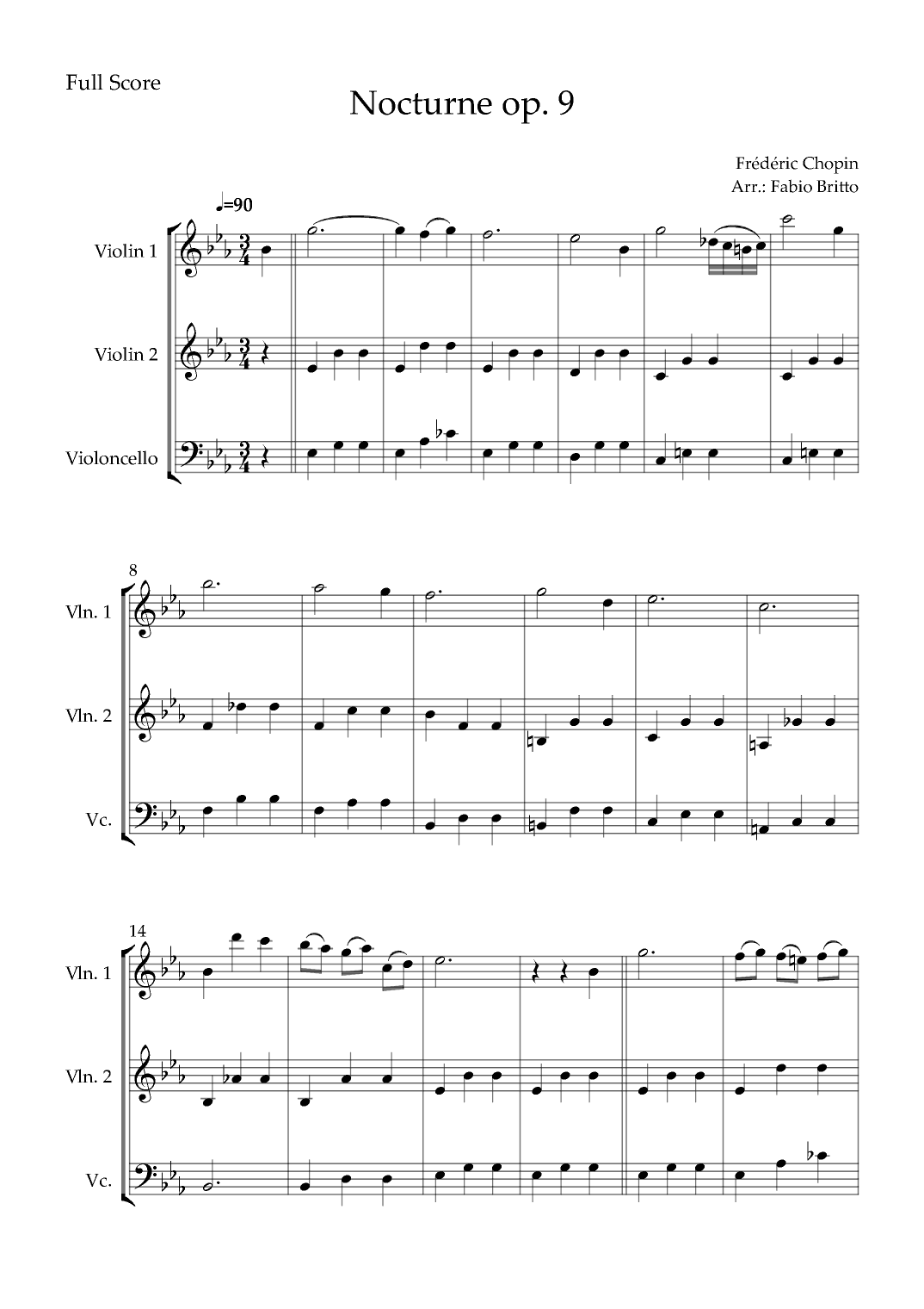 Nocturne Op.9 No. 2 (Frédéric Chopin) for String Trio (arr. Fabio Britto)