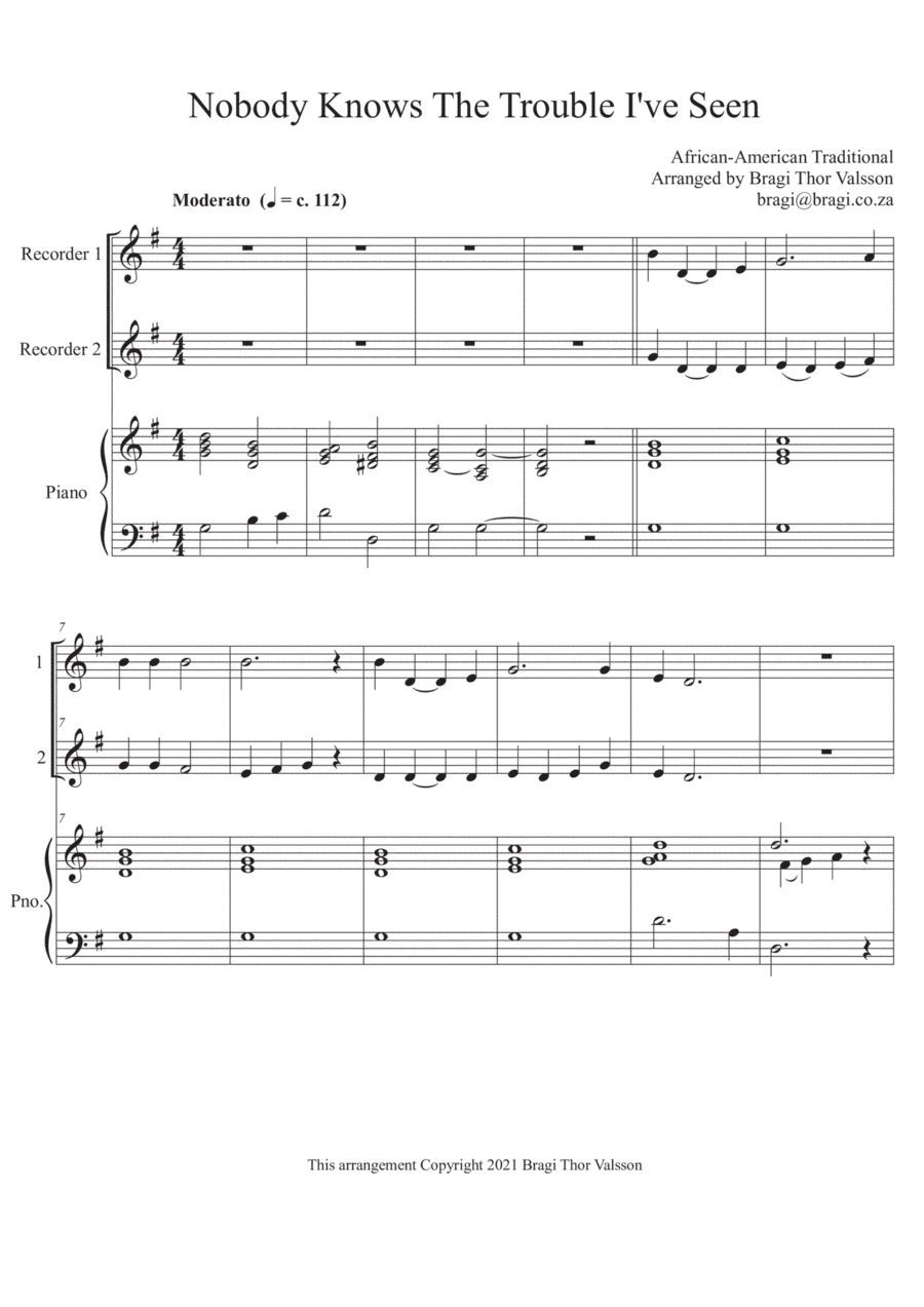 Nobody Knows The Trouble I've Seen - Duet for two Recorders with Piano accompaniment (arr. Bragi Thor Valsson)