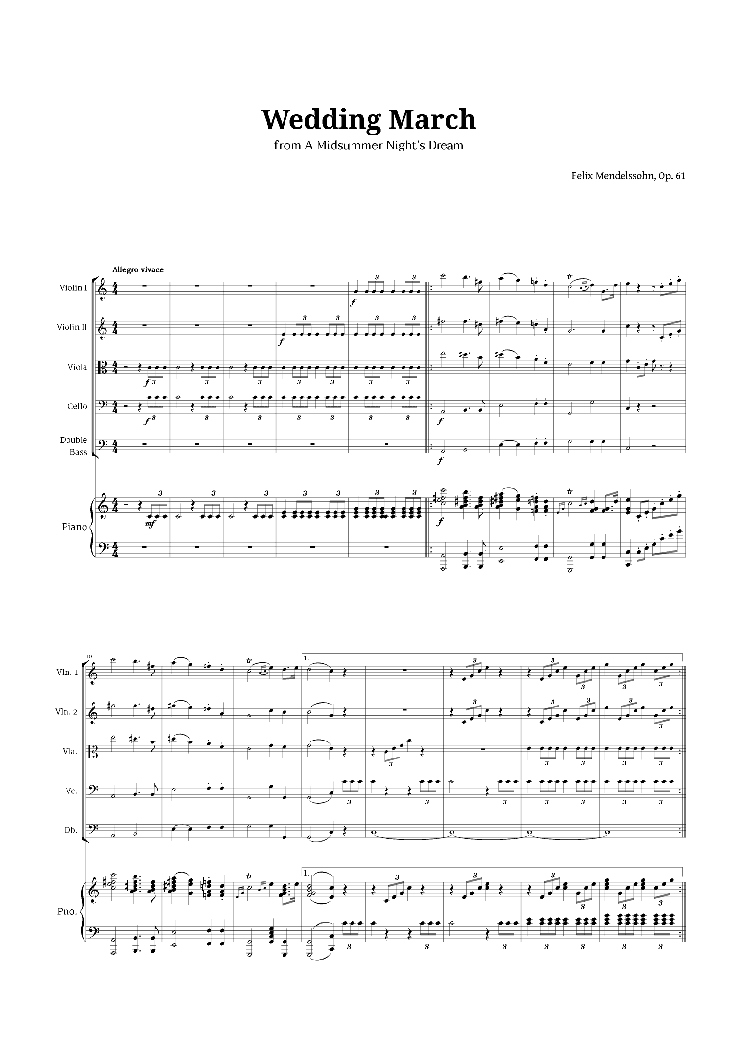 Wedding March by Mendelssohn for String Quintet and Piano (arr. Langanho)