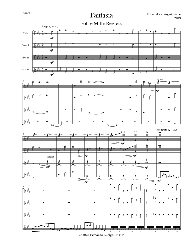 Fantasia on Mille Regretz for viola quartet (score and parts)