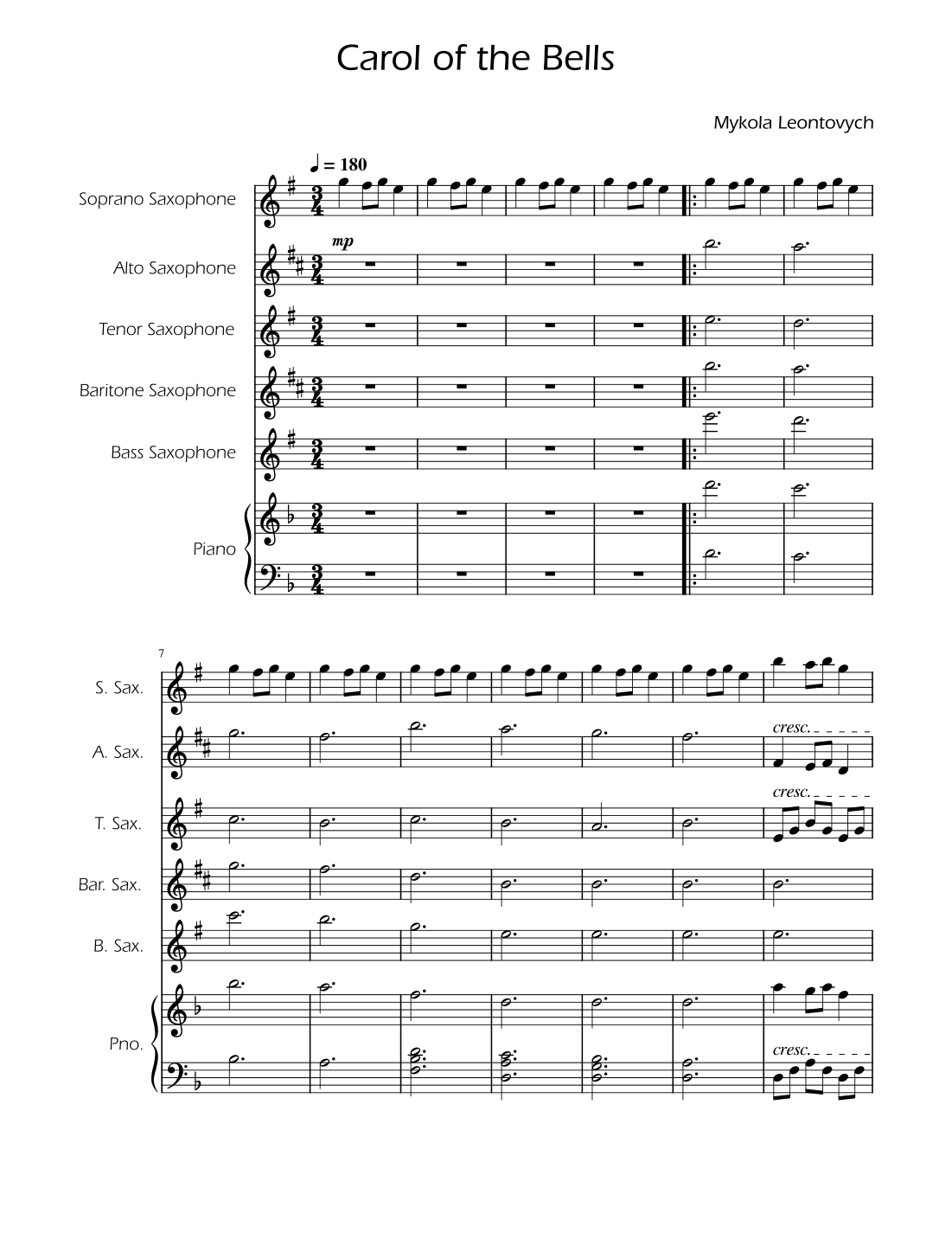 Carol of the Bells - Sax Quintet w/ Piano (arr. Ygor Nunes)