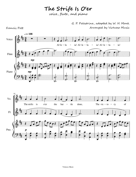 The Strife is O'er by G. Palestrina Easter Hymn Easy arrangement for Voice, Flute, and Piano (arr. Virtuoso Music)
