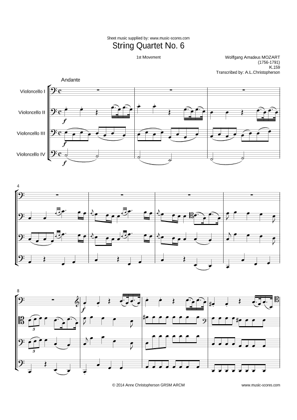 K159 - String Quartet no.6, 1st movement - Andante - 4 Cellos (arr. Anne L Christopherson GRSM ARCM)
