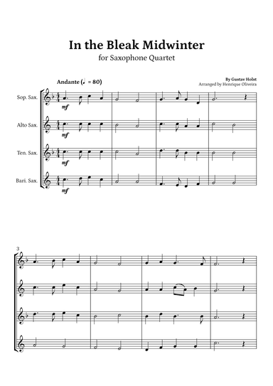In the Bleak Midwinter (Saxophone Quartet) - Beginner Level (arr. Henrique Oliveira)