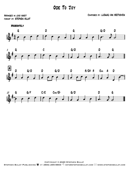 Ode To Joy (Beethoven) - Lead sheet (key of G) (arr. Stephen Bulat)