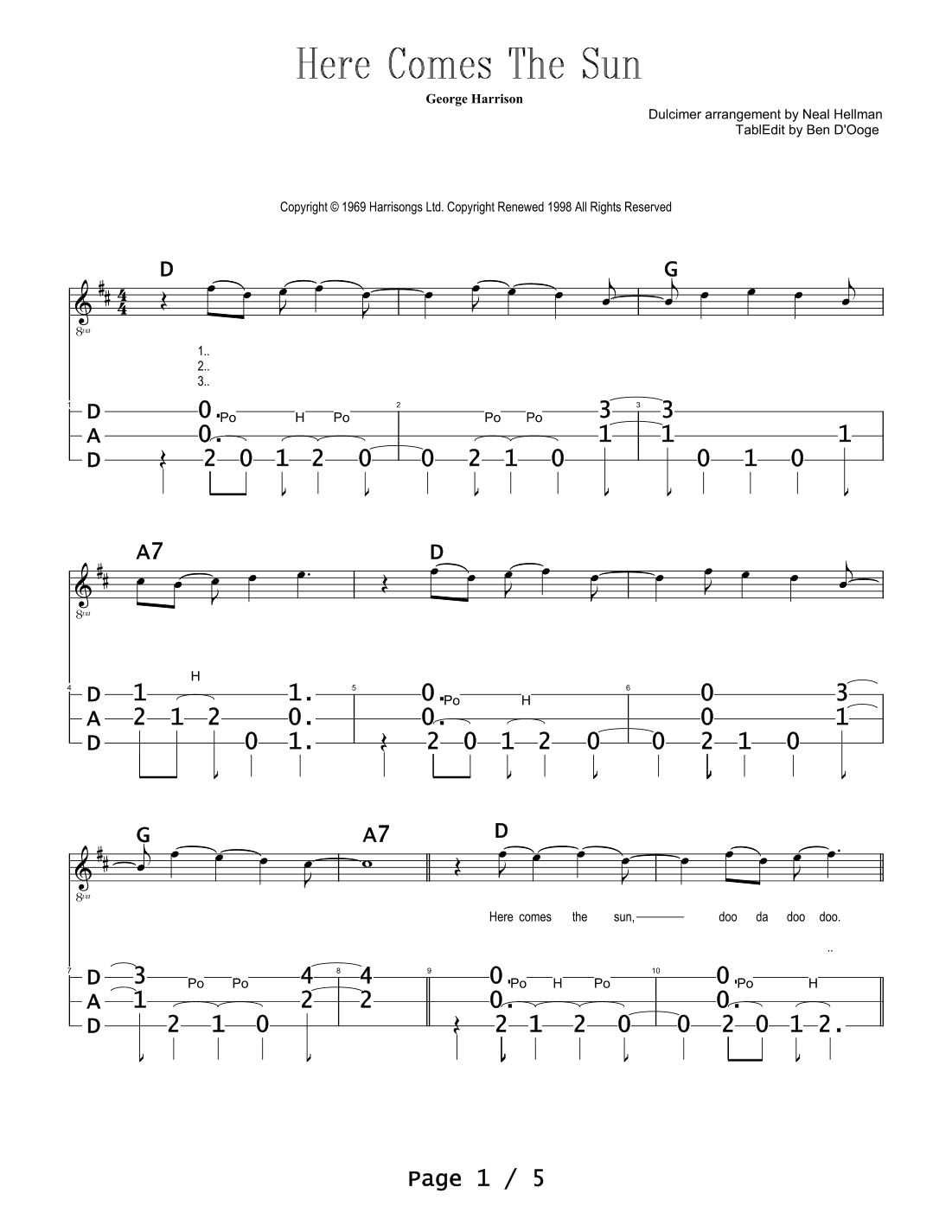 Here Comes The Sun (arr. Ben D'Ooge)