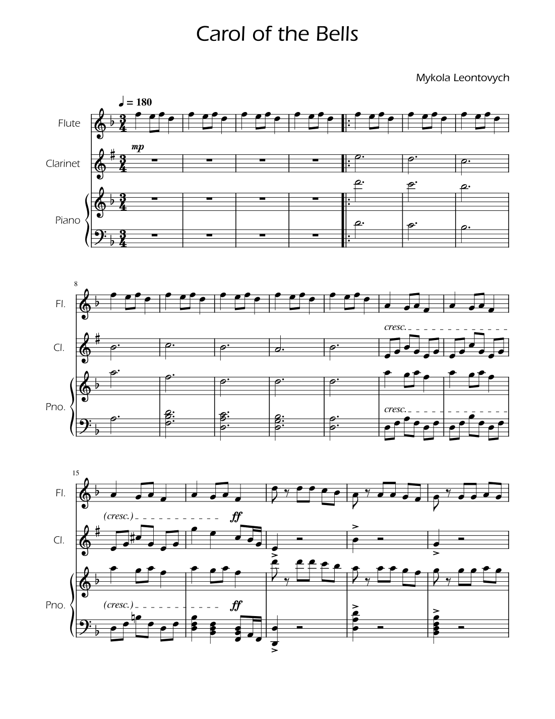 Carol of the Bells - Flute and Clarinet Duet w/ Piano (arr. Ygor Nunes)