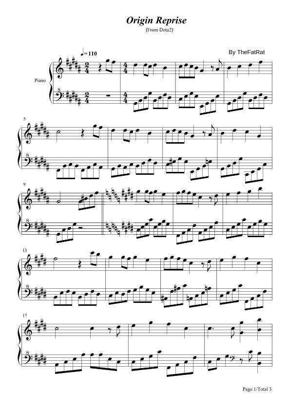 Origin Reprise,TheFatRat,From Dota2,Piano Solo Sheet