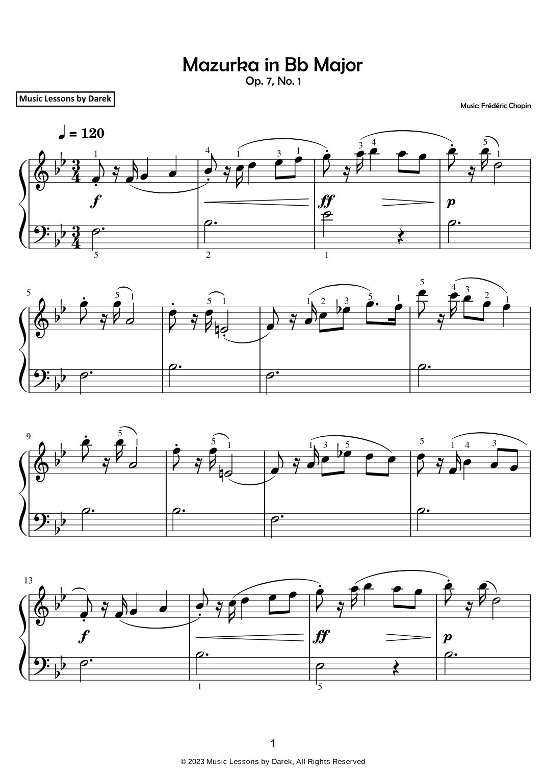 Mazurka in Bb Major (EASY PIANO) Op. 7, No. 1 [Frédéric Chopin] (arr. Darek)