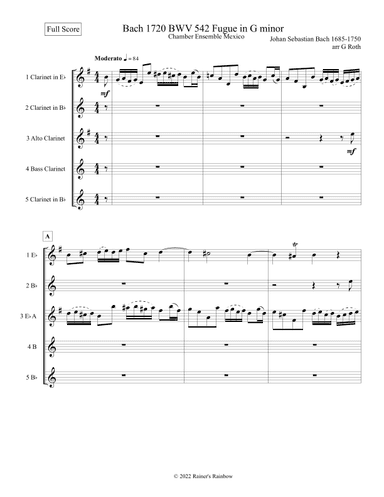 Bach 1720 BWV 542 Fugue in Gm Clarinet Quartet Score Parts Alternates (arr. R G Roth)
