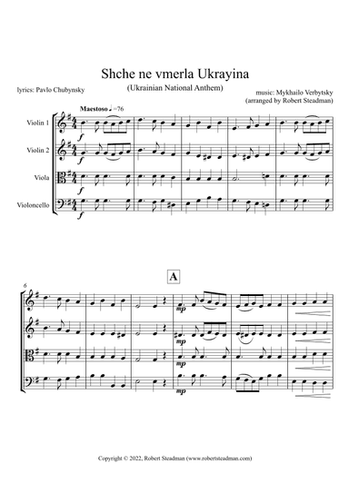 Shche ne vmerla Ukrayina (Ukrainian National Anthem) -  STRING QUARTET - Score & Parts inc. (arr. Robert Steadman)