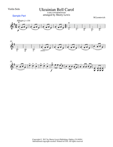 UKRAINIAN BELL CAROL (Carol of the Bells) - Early Intermediate -  Solo Violin (arr. Sherry Lewis)