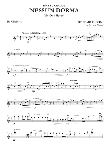Nessun Dorma for Clarinet Quartet (arr. Diego Marani)