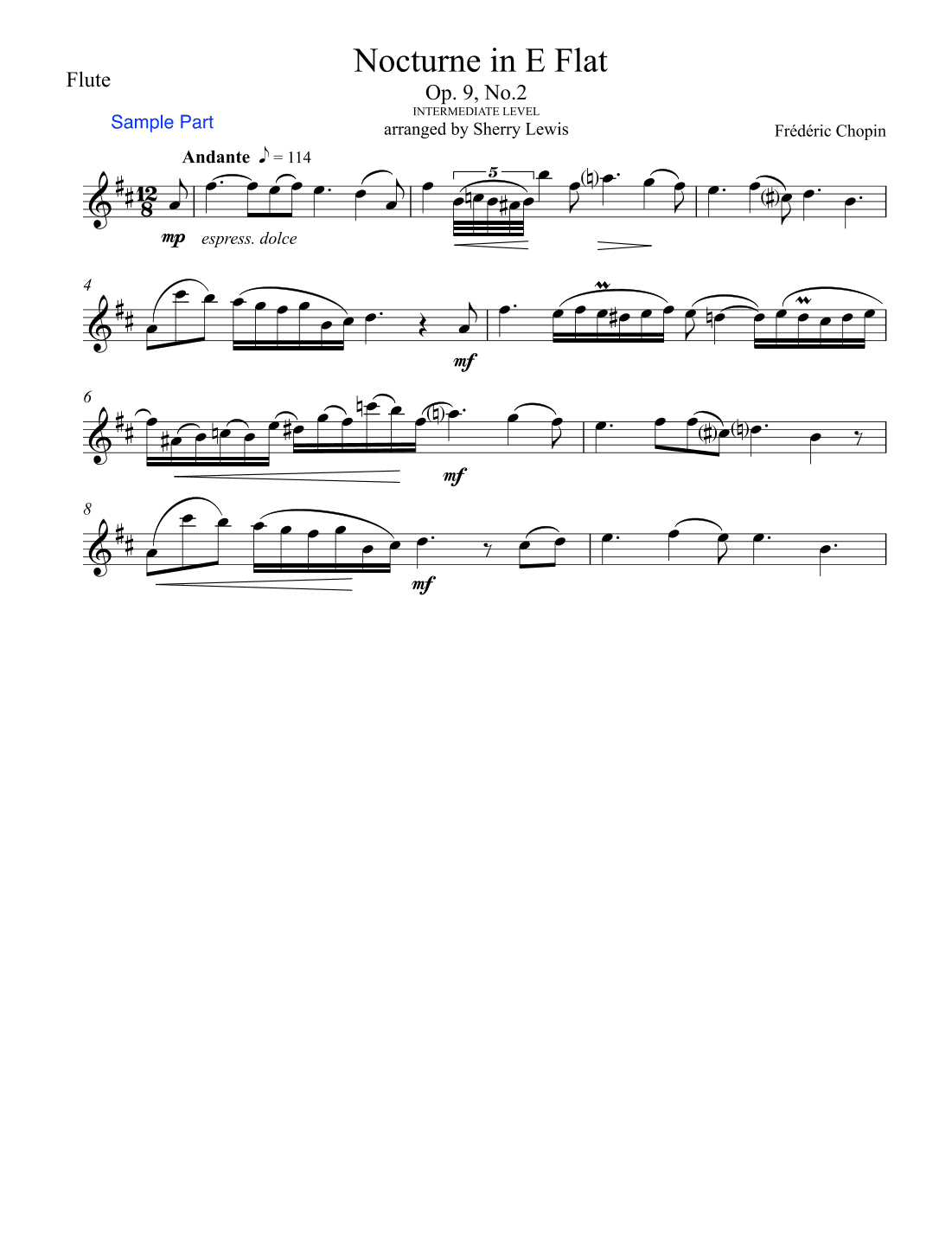 NOCTURNE by Chopin, Op.9 No.2, Flute Solo, Intermediate Level for flute (arr. Sherry Lewis)