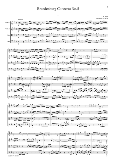 J.S.Bach  Brandenburg Concerto No.5, all mvts., BWV1050, for string quartet, CB215 (arr. FCMUSIC)