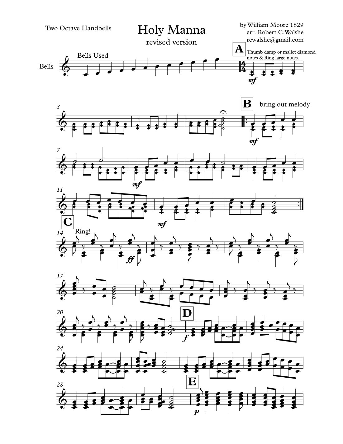 Holy Manna for 2 Octave Handbells (Revised) (arr. Robert C. Walshe (rcwalshe@gmail.com))