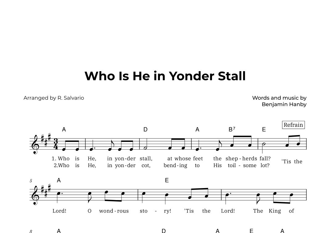 Who Is He in Yonder Stall (Key of A Major) (arr. R. Salvario)