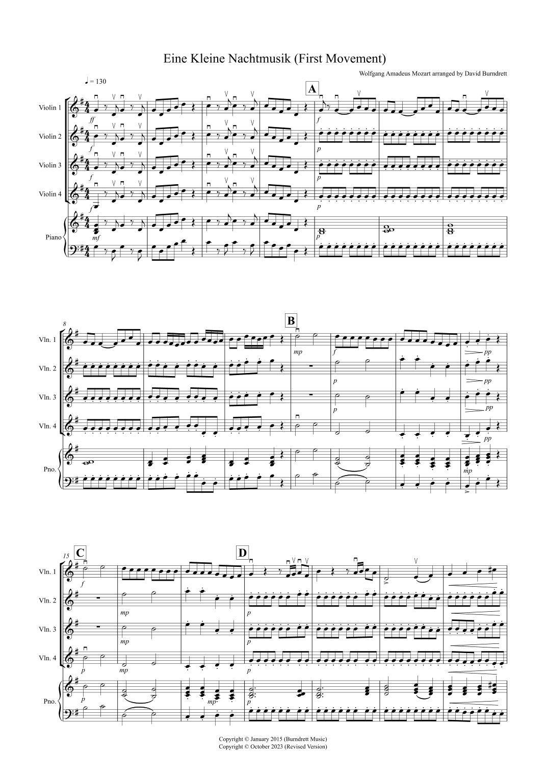 Eine Kleine Nachtmusik (1st movement) for Violin Quartet (arr. David Burndrett)