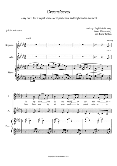Greensleeves,  for SA, and piano, F minor (arr. Ivana Tuskan)