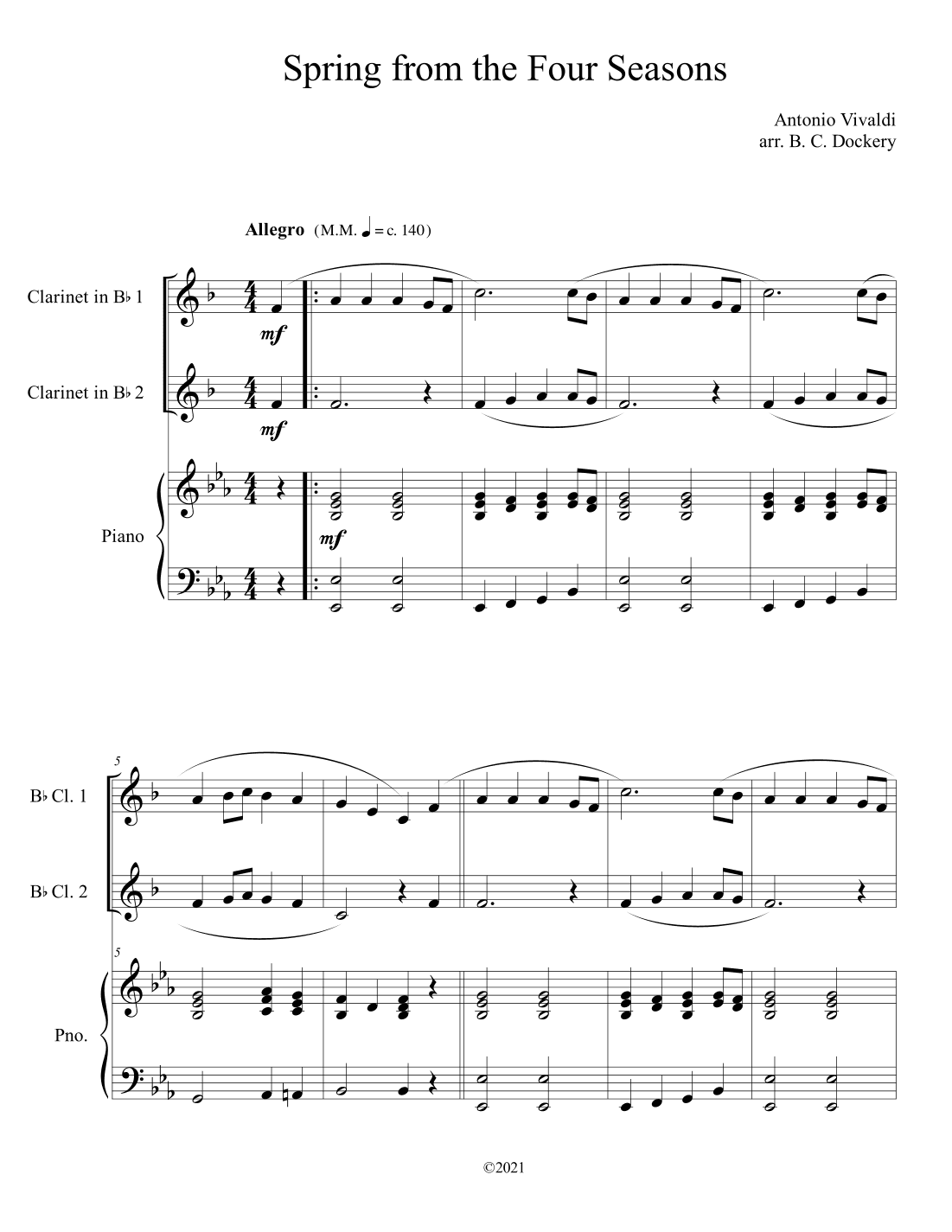 Spring from the Four Seasons (Clarinet Duet with Piano Accompaniment) (arr. B. C. Dockery)
