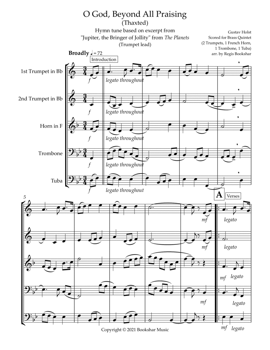 O God, Beyond All Praising (Thaxted) (Bb) (Brass Quintet - 2 Trp, 1 Hrn, 1 Trb, 1 Tuba) (Trumpet lea (arr. Regis Bookshar)