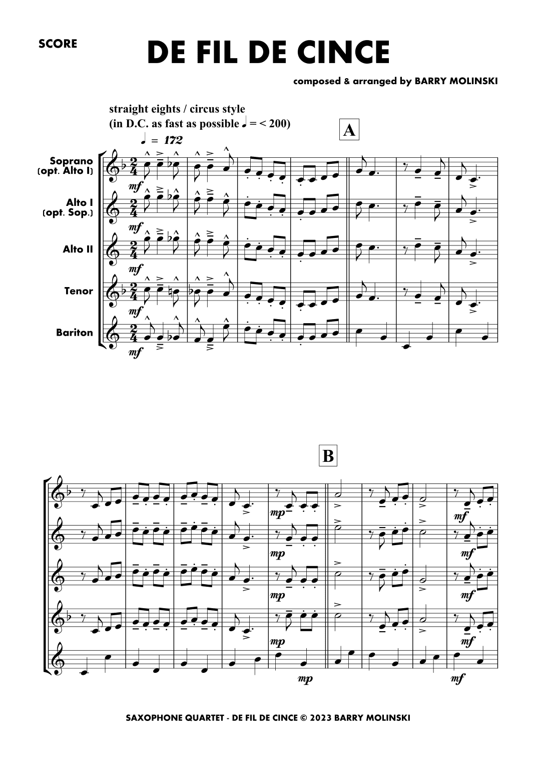 DE FIL DE CINCE - SAXOPHONE QUARTET (Barry Molinski)