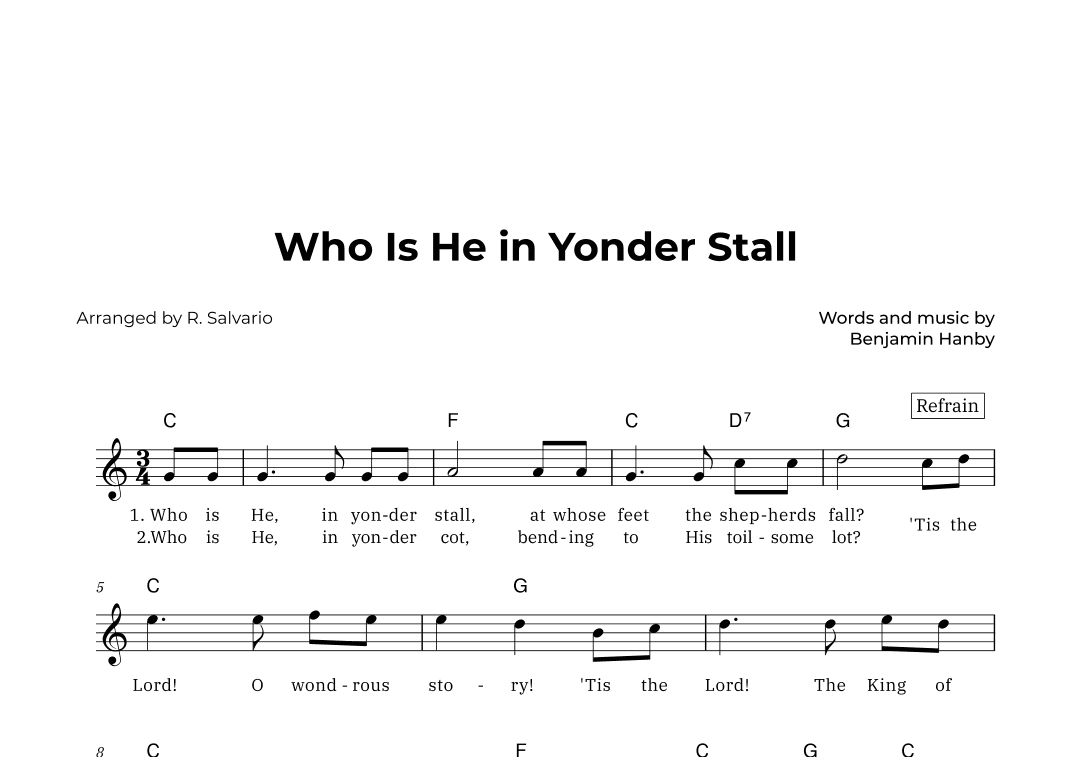 Who Is He in Yonder Stall (Key of C Major) (arr. R. Salvario)