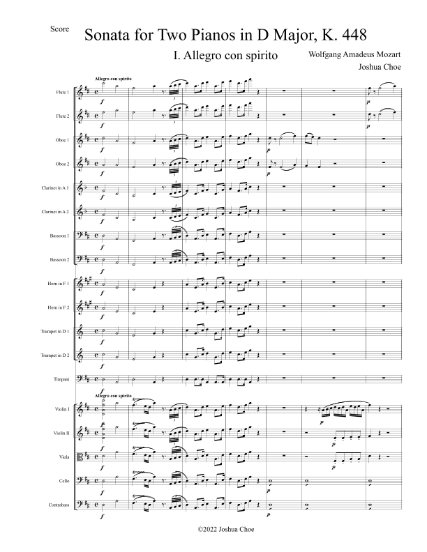 Sonata for Two Pianos in D Major, K. 448, Movement 1 (arr. Joshua Choe)