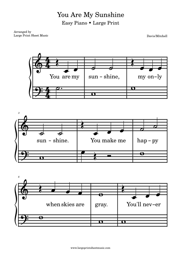 You Are My Sunshine Easy Piano Large Print (arr. Large Print Sheet Music)