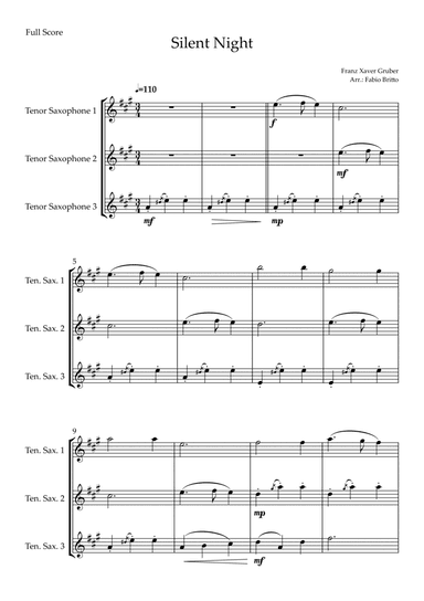 Silent Night (Christmas Song) for Tenor Saxophone Trio (arr. Fabio Britto)