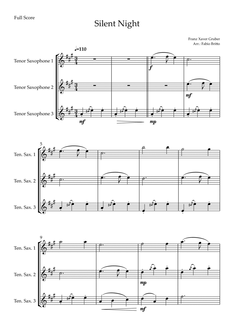 Silent Night (Christmas Song) for Tenor Saxophone Trio (arr. Fabio Britto)