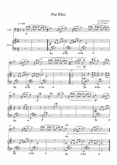 Fur Elise, Ludwig Van Beethoven, For Cello & Piano (arr. Eugene Egorov)