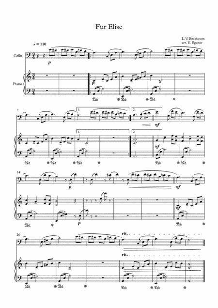 Fur Elise, Ludwig Van Beethoven, For Cello & Piano (arr. Eugene Egorov)
