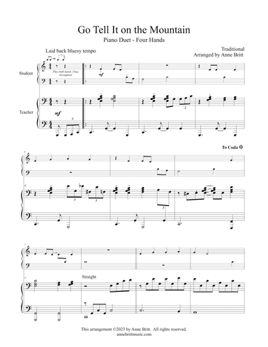 Go Tell It on the Mountain (elementary student/teacher piano duet) (arr. Anne Britt)