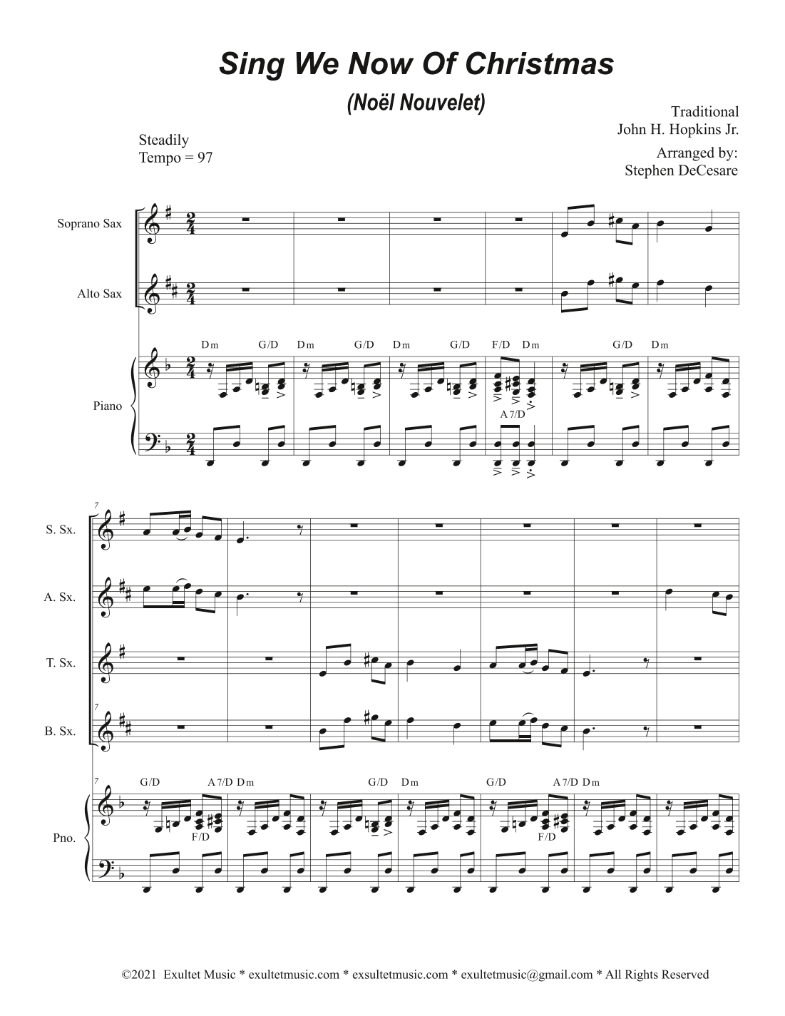 Sing We Now Of Christmas (Noël Nouvelet) (Saxophone Quartet and Piano) (arr. Stephen DeCesare)