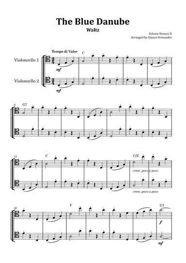 The Blue Danube - Cello Duet with Chord Notations (arr. Glauco Fernandes)