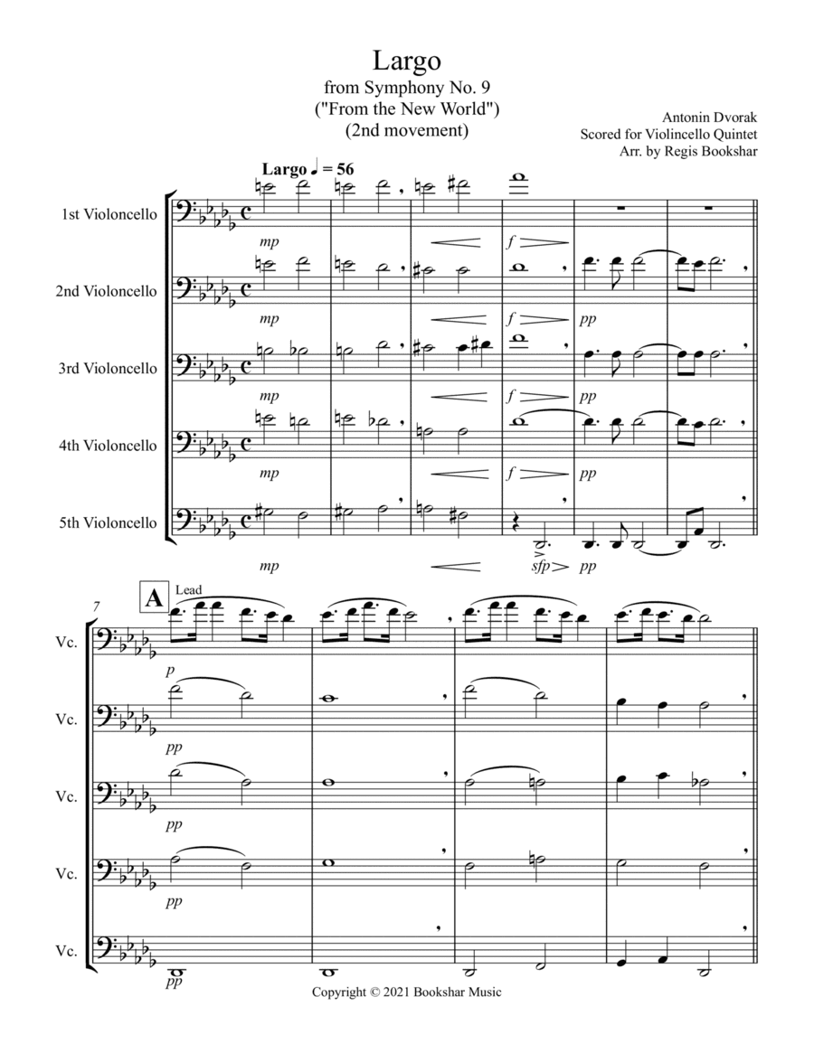 Largo (from "Symphony No. 9") ("From the New World") (Db) (Violoncello Quintet) (arr. Regis Bookshar)