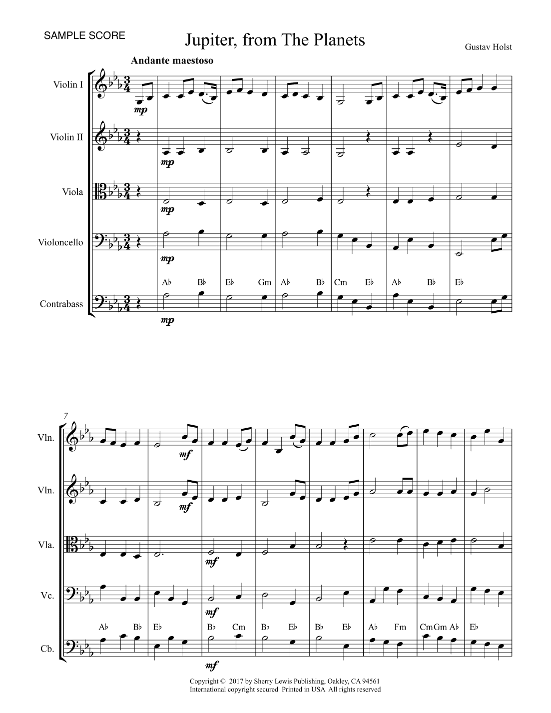 JUPITER from The Planets String Orchestra, Intermediate Level for 2 violins, viola, cello and string (arr. Sherry Lewis)