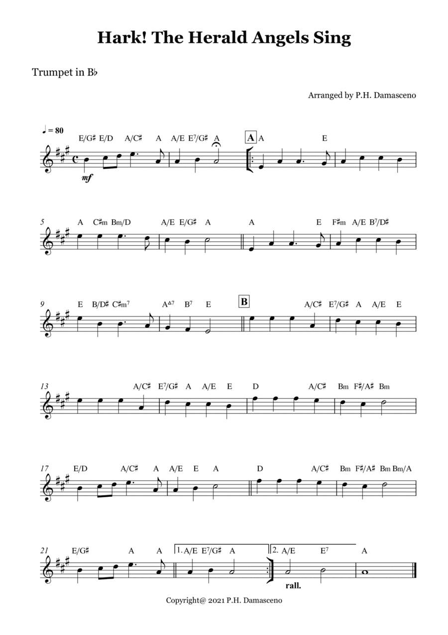 Hark! The Herald Angels Sing - Trumpet in Bb Solo with Chords (arr. P.H. Damasceno)