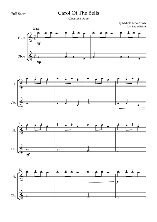 Carol Of The Bells (Christmas Song) for Flute & Oboe Duo (arr. Fabio Britto)