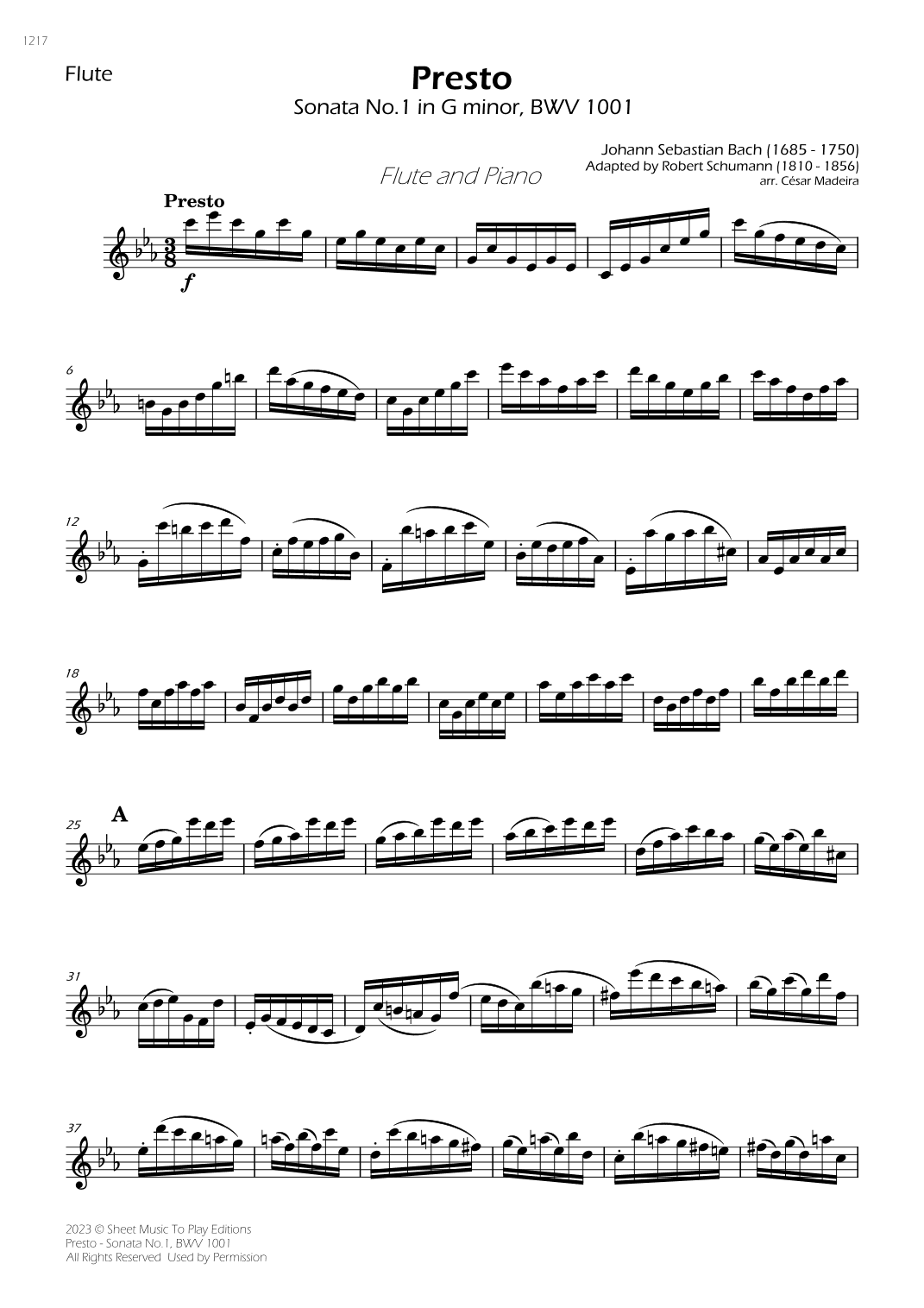 Presto from Sonata No.1, BWV 1001 - Flute and Piano (Individual Parts) (arr. César Madeira)