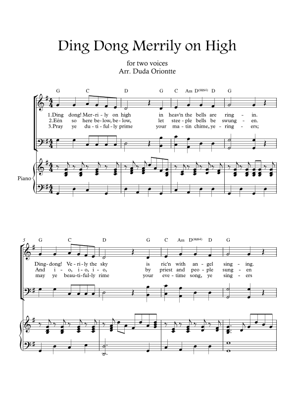 Ding Dong Merrily on High  (two mixed voice - G major - with chords - with piano) (arr. Duda Oriontte)