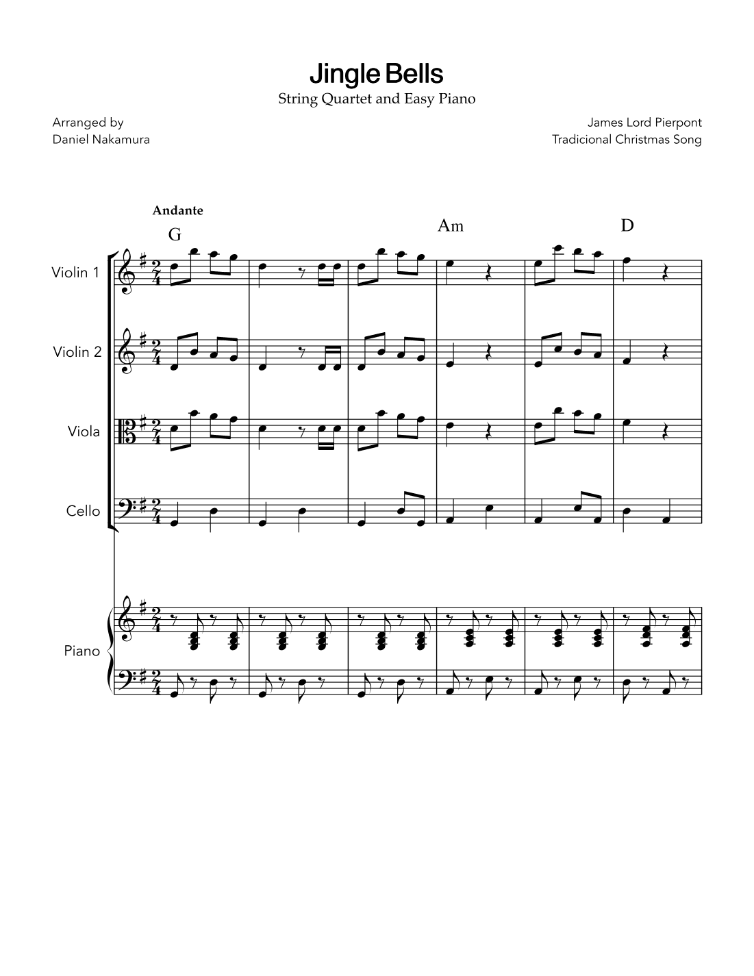 Jingle Bells (for String Quartet and Easy Piano) (arr. Daniel Nakamura)