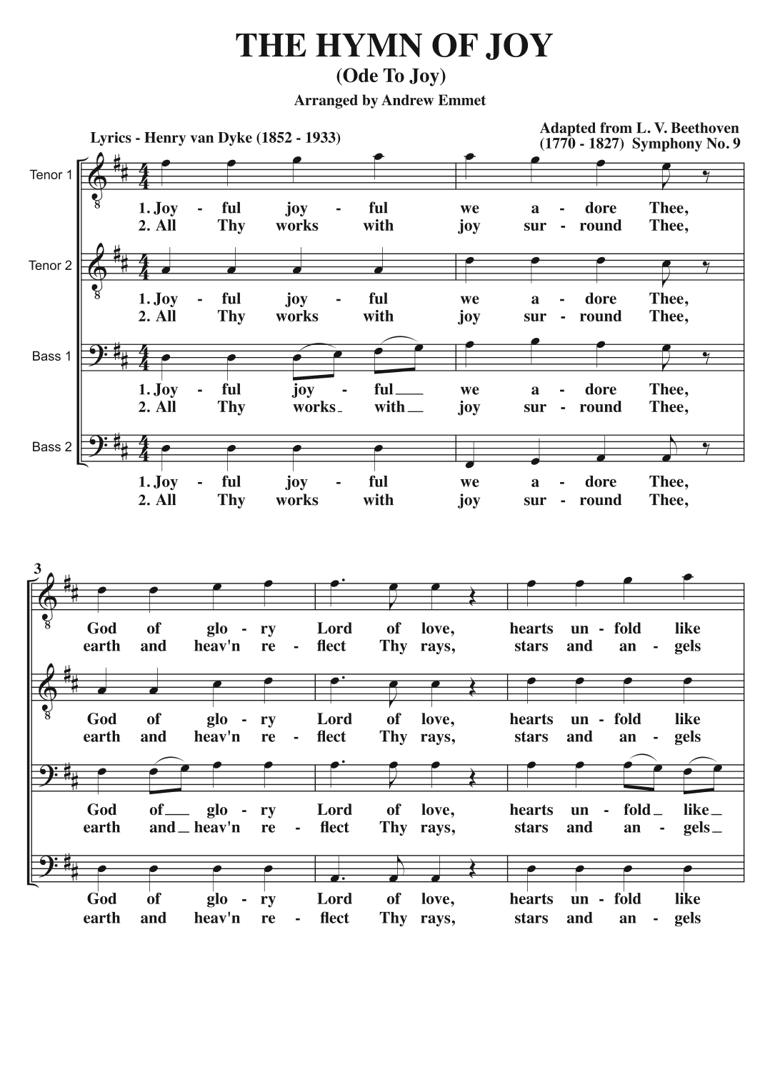 Ode To Joy (The Hymn Of Joy) A Cappella TTBB (arr. Andrew Emmet)