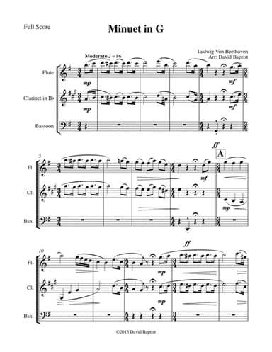 Minuet in G for Flute, Clarinet, and Bassoon (arr. David Baptist)