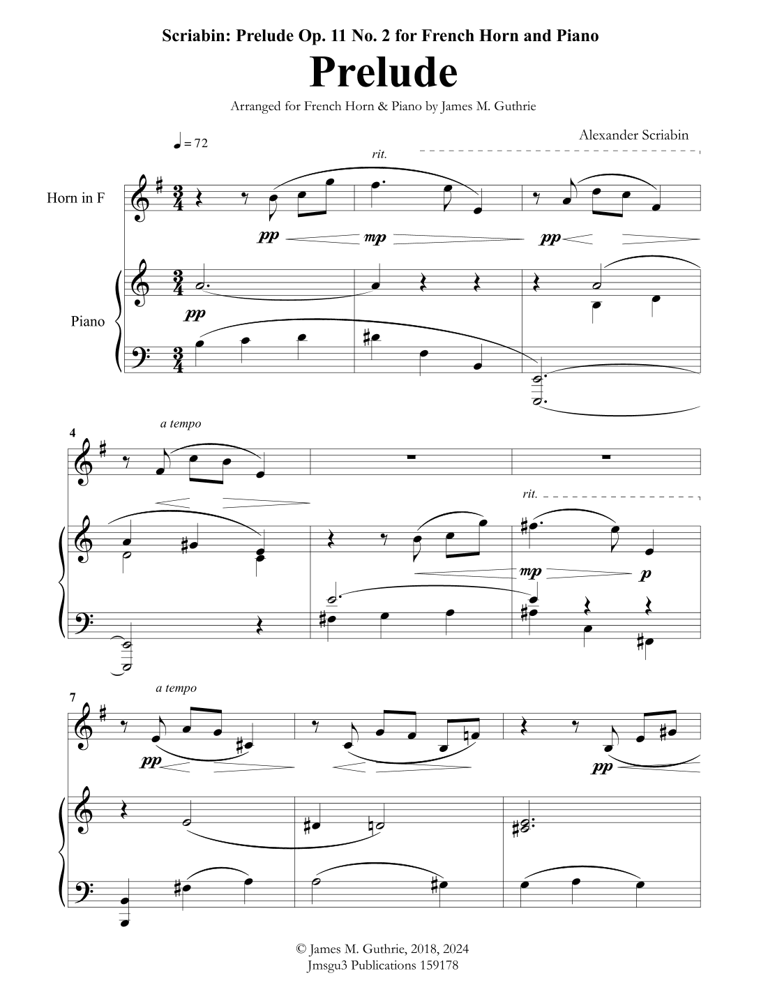 Scriabin: Prelude Op. 11 No. 2 for French Horn & Piano (arr. James M. Guthrie, ASCAP)