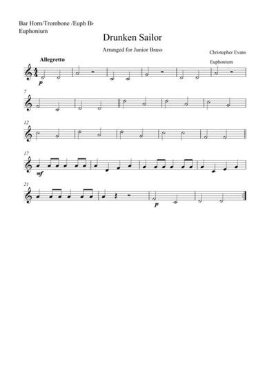 Drunken Sailor for Junior Brass Players - Baritone Horn/Euphonium/Trombone Part (Bb) (arr. Christopher Evans)