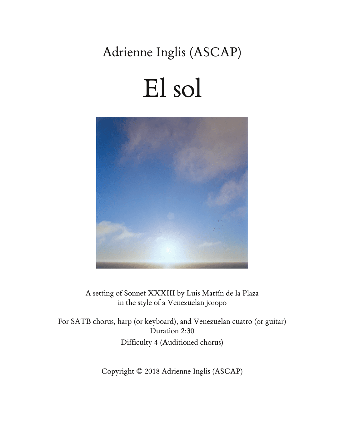 El sol for SATB, pedal or lever harp, cuatro