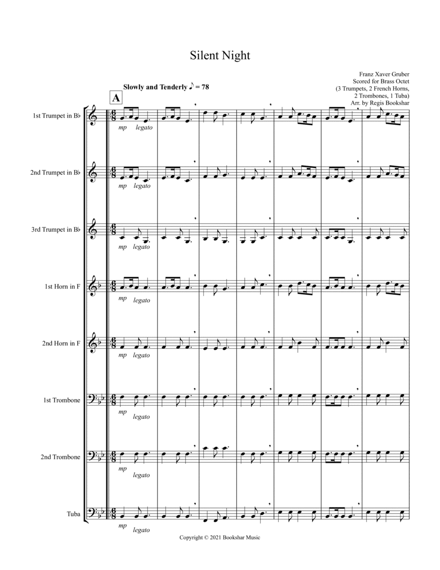 Silent Night (Bb) (Brass Octet - 3 Trp, 2 Hrn, 2 Trb, 1 Tuba) (arr. Regis Bookshar)