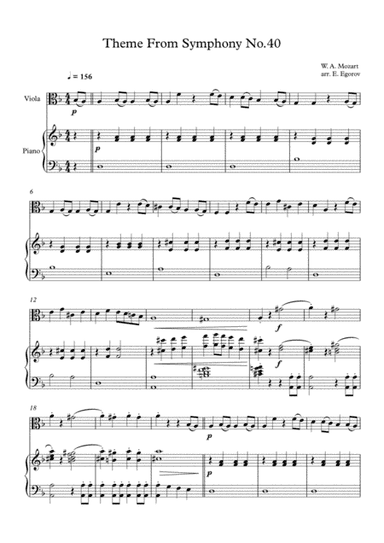 Theme From Symphony No.40, Wolfgang Amadeus Mozart, For Viola & Piano (arr. Eugene Egorov)